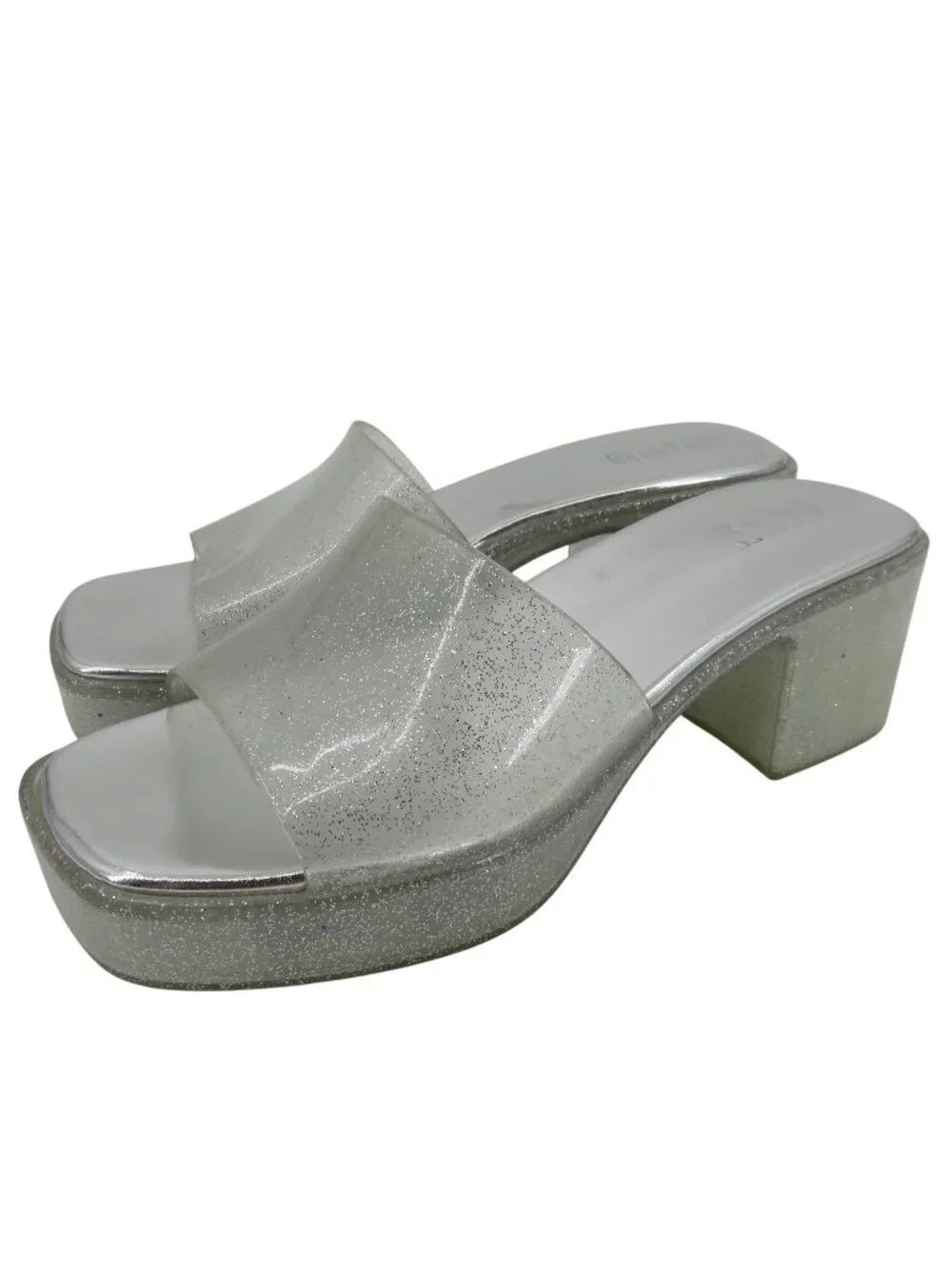 Play Women 7 US Silver Glitter Chunky Heel Platform Slide Shoes Sandals Costume